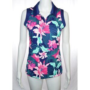 Tommy Bahama UPF 50 Sleeveless 1/2 Zip Racquet & Paddle Blue Floral Polo Top S
